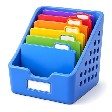 blue file organizer tray with colorful folders  3d rendering isolated on white background cartoon plastic style icon