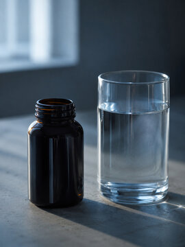 NMN Supplement Bottle and Glass of Water in Cold Morning Light.