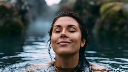 Fototapeta premium A person with closed eyes and serene expression is relaxing in a natural body of water surrounded by rocky terrain