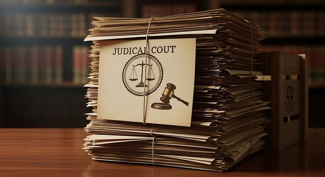 Judicial Court Legal Documents and Gavel Stack.