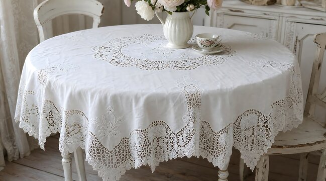 Elegant white lace tablecloth on a round table with flowers and teacup in a vintage setting.