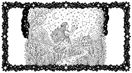 Obraz premium Whimsical Fairy Tale Girl Stargazing Coloring Page for Adults