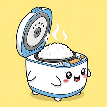 Cute Cartoon Rice Cooker with Steaming Rice Illustration.