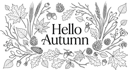 Autumn Floral Ornament With Leaves And Pinecones Black And White © SAMIRAAKTHER