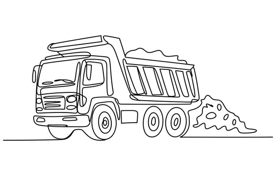 Dump truck vehicle drawing in a continuous single line style Vector, illustration