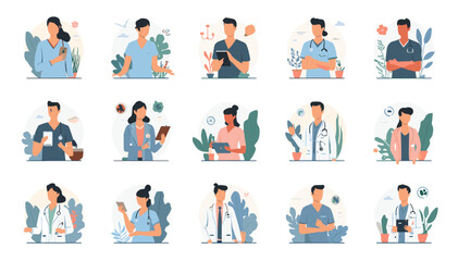 Fototapeta premium A collection of diverse medical professionals, including doctors and nurses, depicted in a modern, flat illustration style with subtle plant elements.