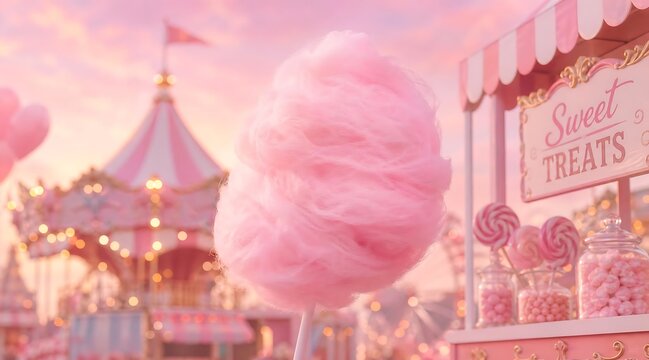 Fluffy pink cotton candy stick at a dreamy pastel carnival fair at sunset