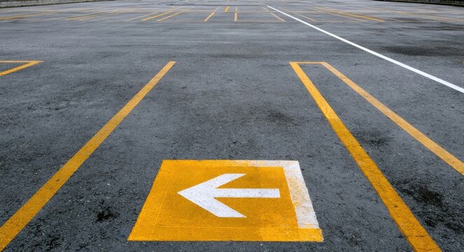 Gray asphalt parking lot with yellow lines and a white arrow painted on the ground