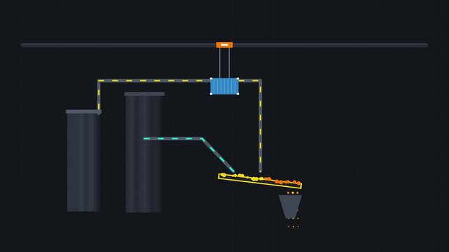 Industrial factory pipeline system flowchart animation frame showing material flow and processing