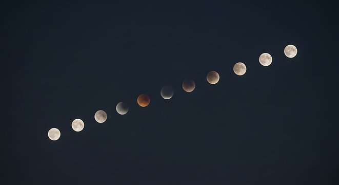 Sequential Phases of Moon Phases Over Dark Sky.