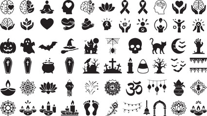 Naklejka premium Halloween and spiritual icon set. Vector collection of holiday symbols and meditation signs.