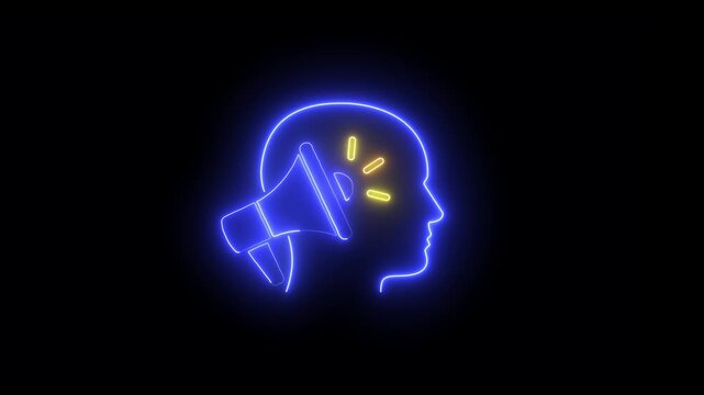 Neon human head profile with megaphone animation, concept of communication and mindset sign light glowing.
