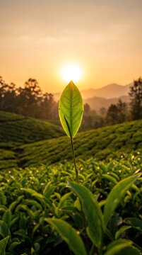 Single fresh green tea leaf backlit by golden sunrise over rolling tea plantation hills in Munnar Kerala during early morning harvest time with soft focus background mountains