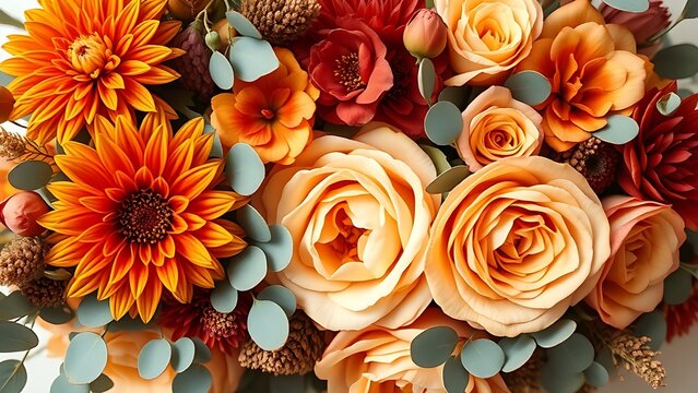 Warm autumn floral arrangement with dahlia and rose in watercolor style border.