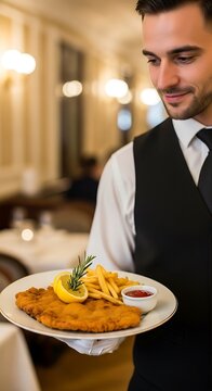 Professional Waiter Serving Delicious Fish Dish in Elegant Restaurant Setting.