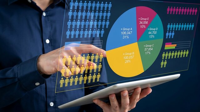 Analyzing demographic data on a futuristic holographic interface displaying pie charts and user icons