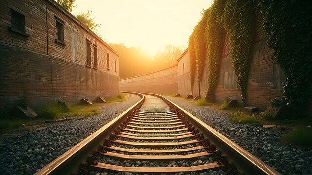 Rusted railway tracks ending at a weathered brick wall overgrown with ivy in golden light.
