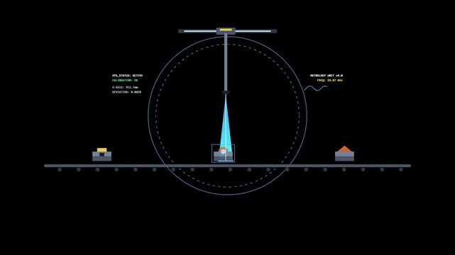Abstract digital scanning system operating on a simulated environment, featuring a laser beam analyzing geometric shapes and displaying real-time data readouts in a modern flat vector style