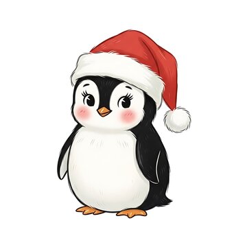 Cute Cartoon Penguin Wearing Santa Hat for Holiday Season.