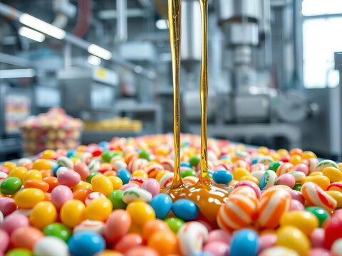Golden syrup drizzled over colorful candy creations in a factory setting, confectionery, art