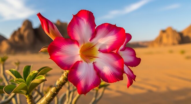 Desert Blooming Flower with Mountain Background.