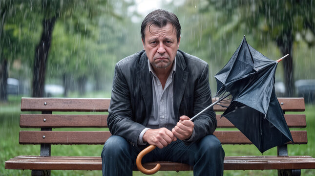 Broken umbrella held by disappointed man sitting on park bench during heavy rain. Concept of bad luck and unfortunate circumstances.