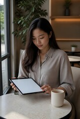 Fototapeta premium Young East Asian Woman Using a Digital Tablet at a Modern Cafe Table with Coffee Cup and Natural Light