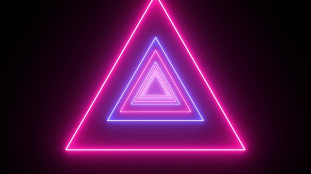 Neon triangle tunnel motion background: pulsing pink and blue glowing geometric shapes in infinite loop for edm, sci-fi, and cyberpunk visuals.