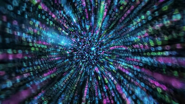 Colorful binary code streaming on screen. Digital data flow background with tech matrix.