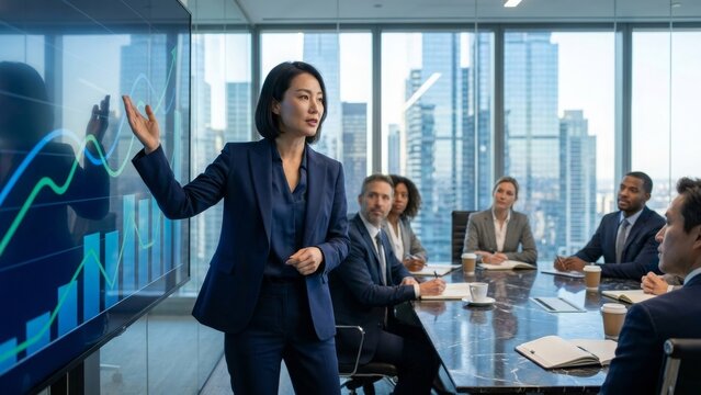 Business - Asian Businesswoman Presenting Financial Growth Chart to Diverse Corporate Team in Modern Conference Room