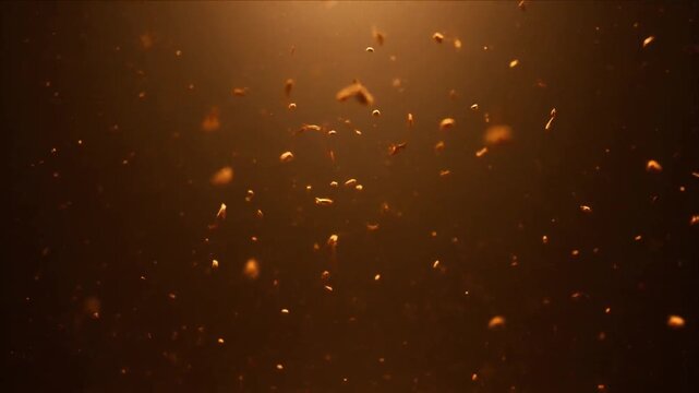 Harvest grain dust floating in warm light, abstract autumn texture with glow, soft bokeh and dark background, glowing particles, dark orange festive blur for SEO searchable video title