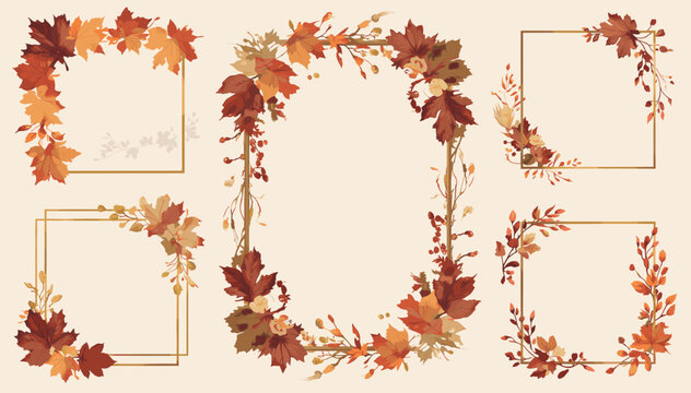 Collection of elegant autumn frames with golden borders and fall leaves, perfect for seasonal designs and invitations.