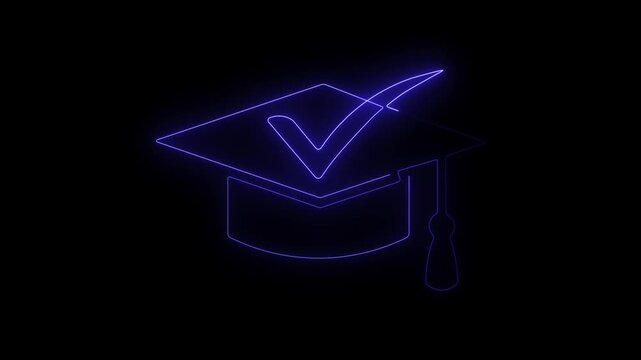 Graduation cap check neon blue glowing energy icon 4k animation loop video