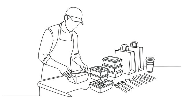 Continuous line drawing of a restaurant worker packing food orders