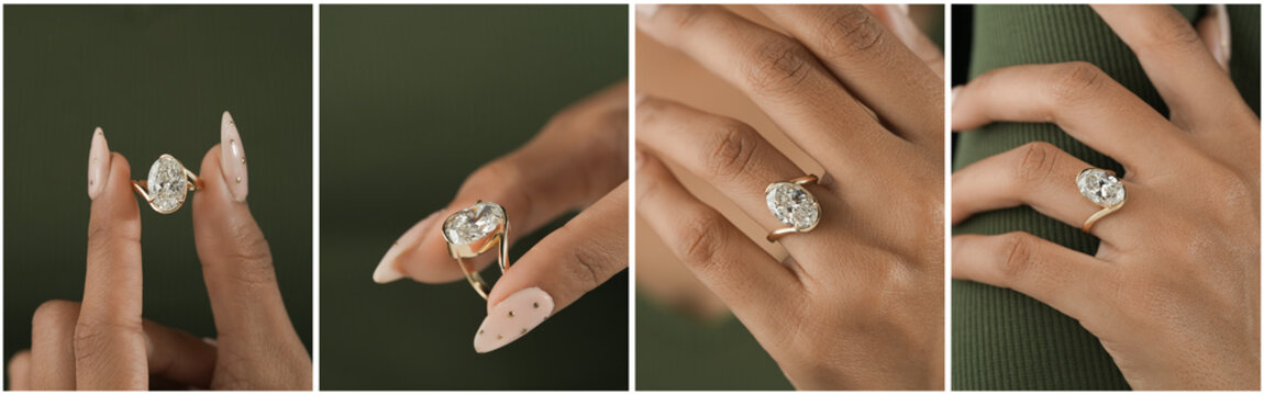 collage of close up shots showing a luxury gold engagement ring with a large oval diamond on a womans hand. elegant bridal jewelry captured in a soft aesthetic style.
