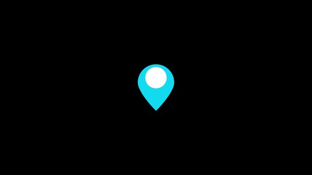 Glowing map pointer with icons on black background. Home location pin animation.