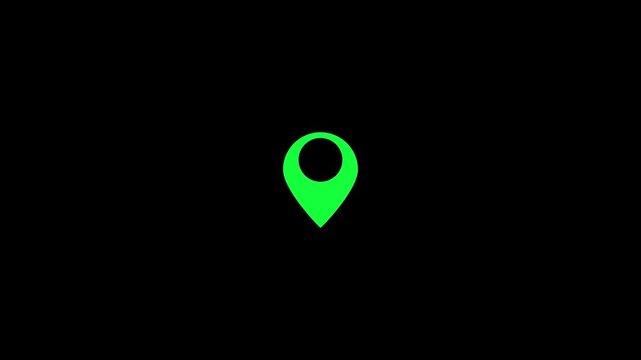 Glowing map pointer with icons on black background. Home location pin animation.