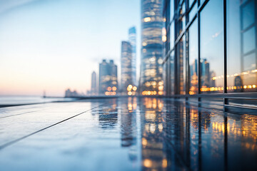 Obraz premium A modern cityscape skyline reflected in a wet, reflective surface at dusk or dawn.