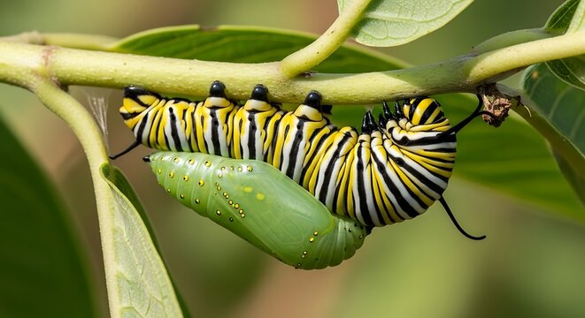 Caterpillar and Chrysalis on Green Leaf Close-Up.