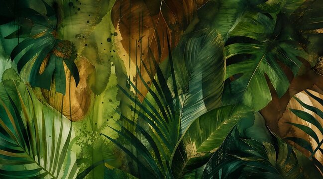 Tropical leaves watercolor background with green and gold botanical art
