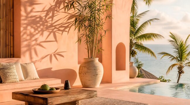 Tropical luxury terrace with infinity pool, ocean view, pink wall & bamboo lit by warm sunset light, designed for relaxation.