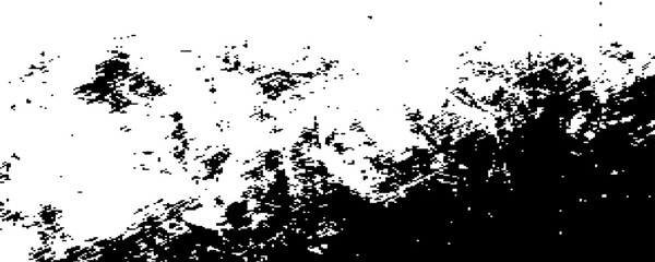 Obraz premium Abstract grunge texture with black noise and distressed paint splatters on a white background. Weathered rustic effect template for creative overlays, panoramic banners, and modern designs.