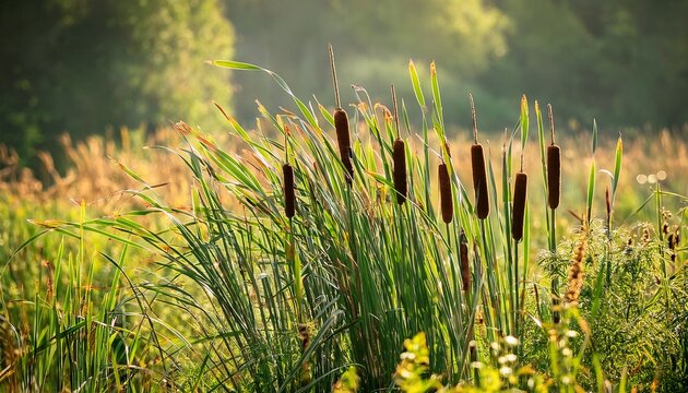 Common Cattail Reed Growing In Natural Wetland Habitat