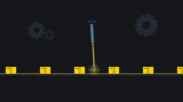 Flat vector motion graphic of automated conveyor belt assembly line with robotic arm scanner processing package boxes in a smart factory
