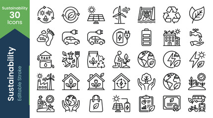 Sustainability line icons set, 30 green energy and ecology vector symbols, editable stroke environmental conservation graphics for web © Iconify Studio