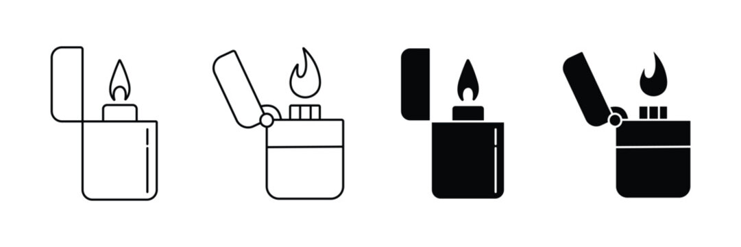 Flip Top Lighter Vector Icon Set, Cigarette Lighter with Flame Outline and Silhouette Collection for Fire, Smoking Accessory and Ignition Design Isolated on White Background