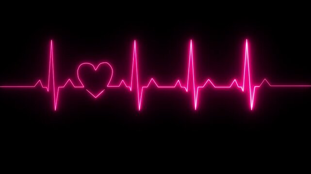 Neon heartbeat and monitor animation, red heart beat line animation on black background, ECG neon electrocardiogram pulse 4k video motion. Minimalist heartbeat line animation on white background,