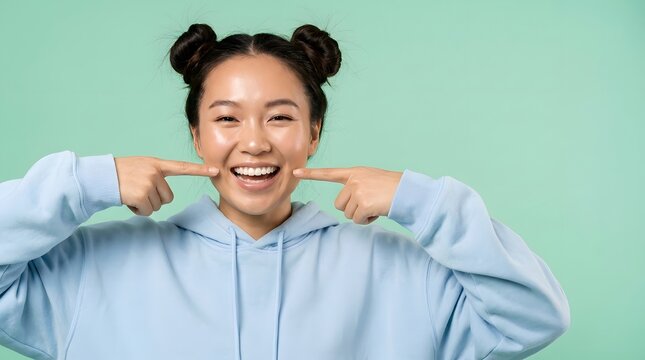 Smiling Asian woman pointing at her dimples on a green background