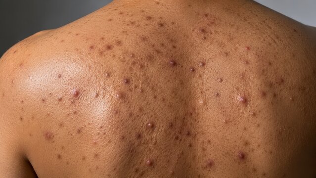 Close-up of dark skin with severe acne and inflamed pimples on back showing skin condition and irritation