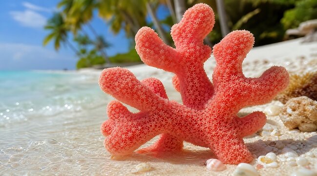 Vibrant pink coral in clear shallow water on a tropical white sand beach
